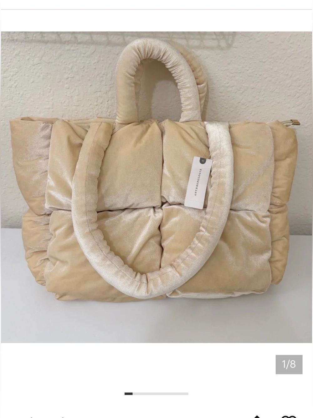 Anthropologie Quilted Velvet Tote in Ivory New With Tags